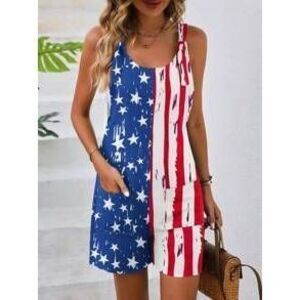 SHEIN LUNE Women's Summer Star & Striped Printed Romper 4th Of July Outfit